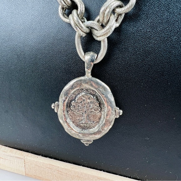 Vintage aged weighted, chunky, silvertone chain tree pendant, signed SS